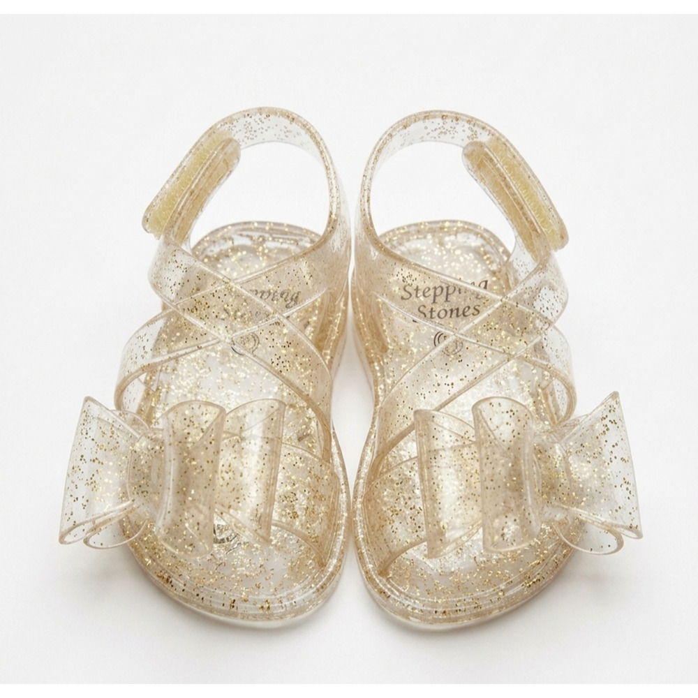 Stepping Stones Jelly Sandals Baby Girls 1 Clear & Gold Glitter Bow Summer Shoes